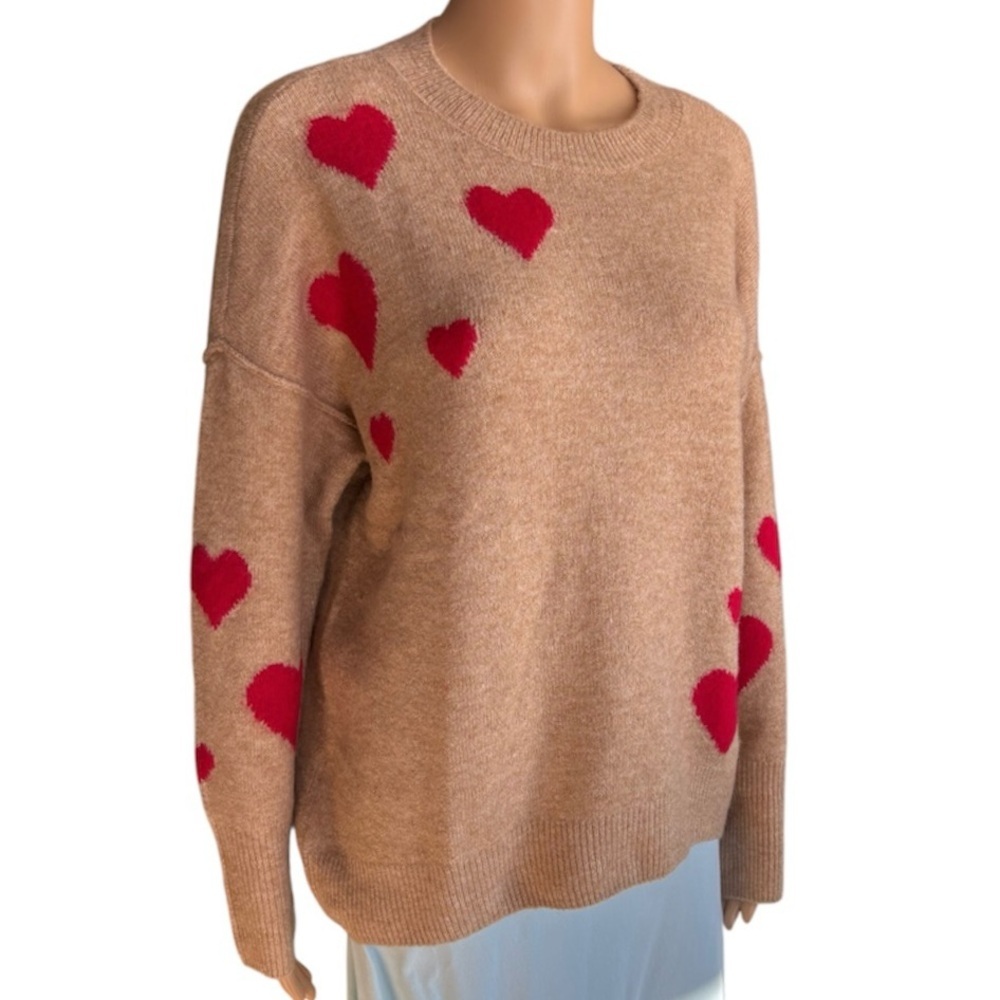 💞VINCE CAMUTO Women’s Sweater Valentine’s Day, Tan w/Red Hearts Drop Sleeve Love